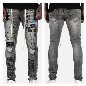THRT Mens Graphic Paint Splatter Distressed Serpent Jeans Gray Size 36